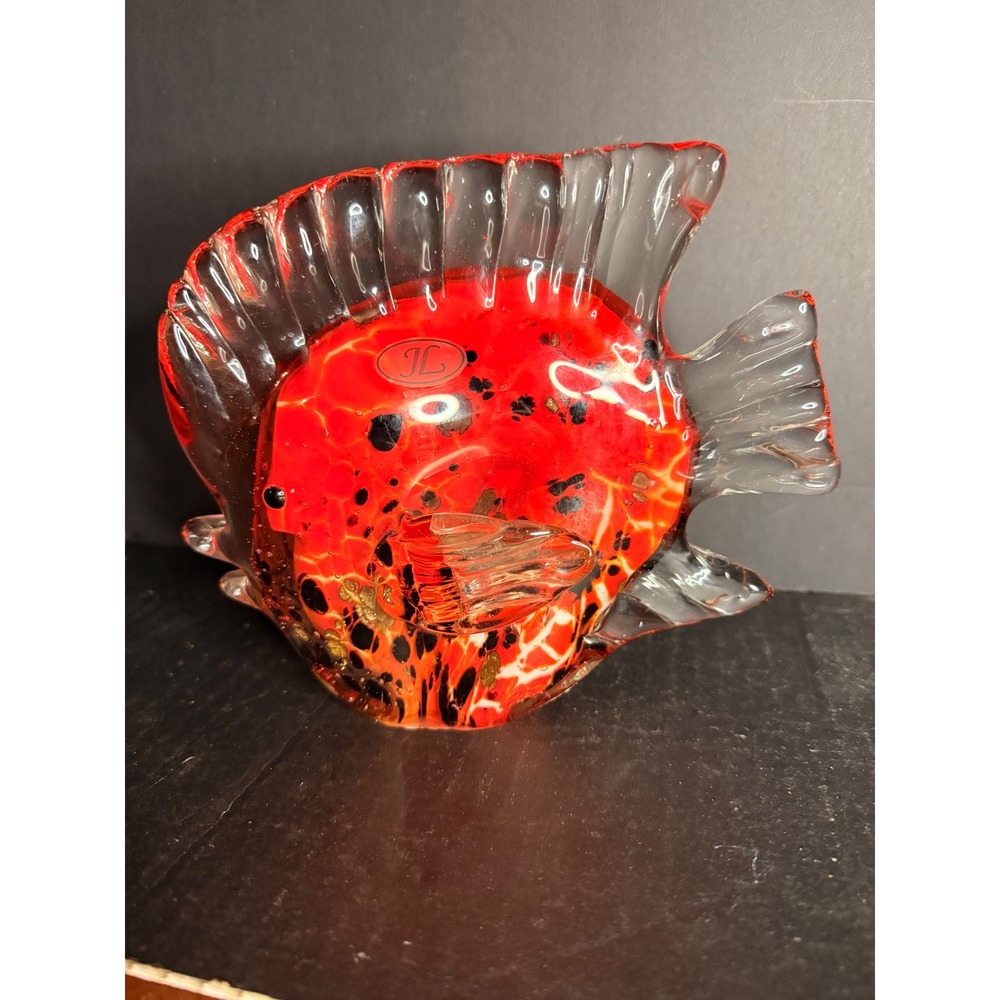 Jaakko Liikanen JL Finland Art Glass Fish Sculpture Red Black Gold 7 inch